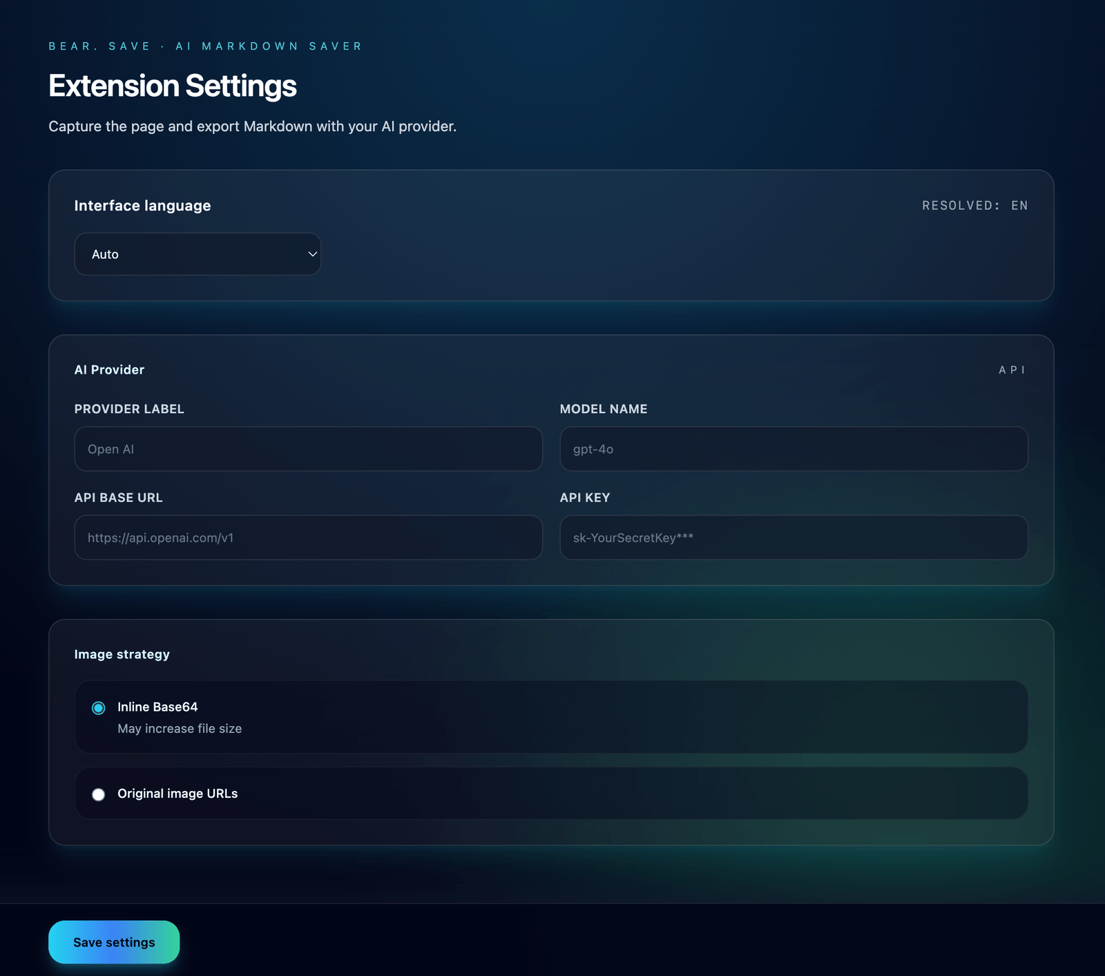 Extension Settings Page