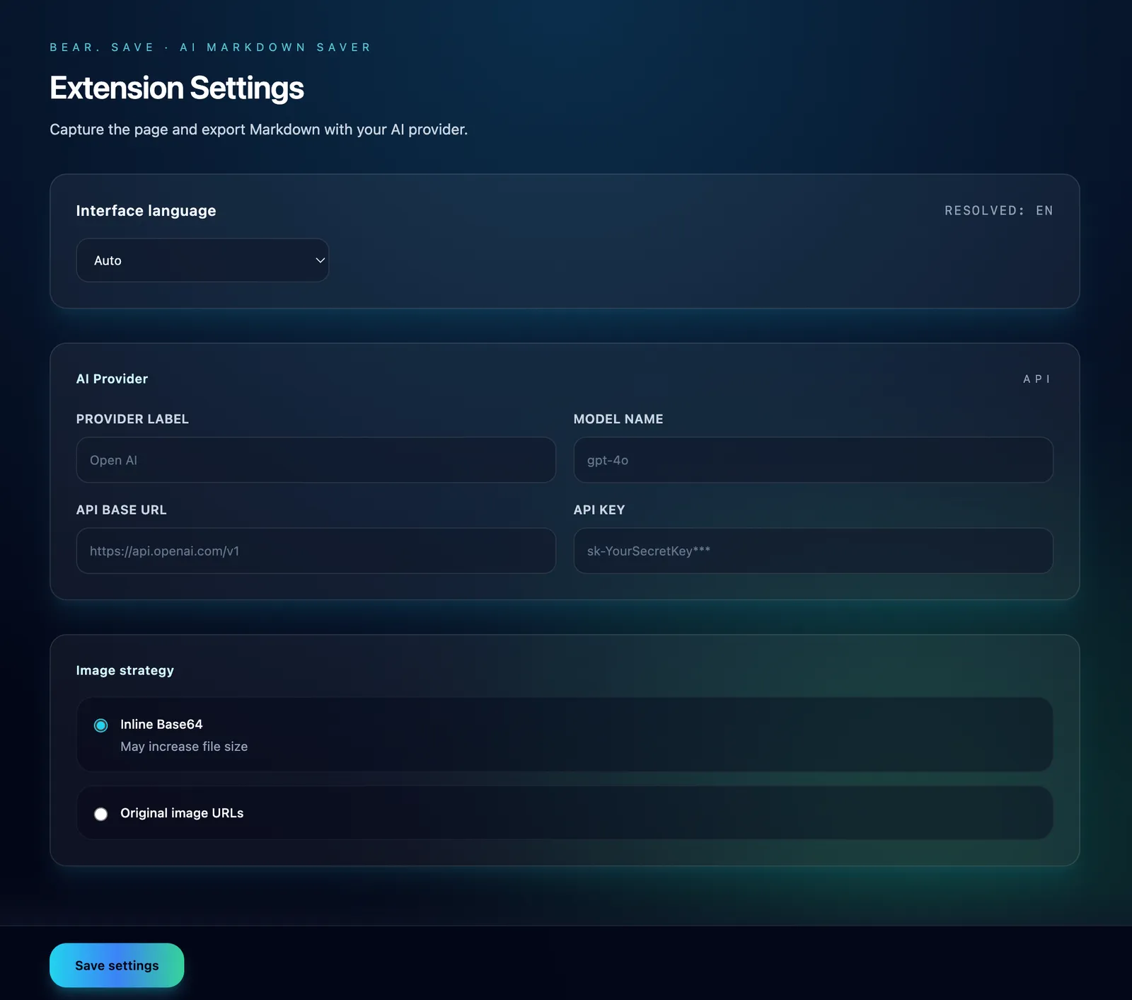 Extension Settings Page